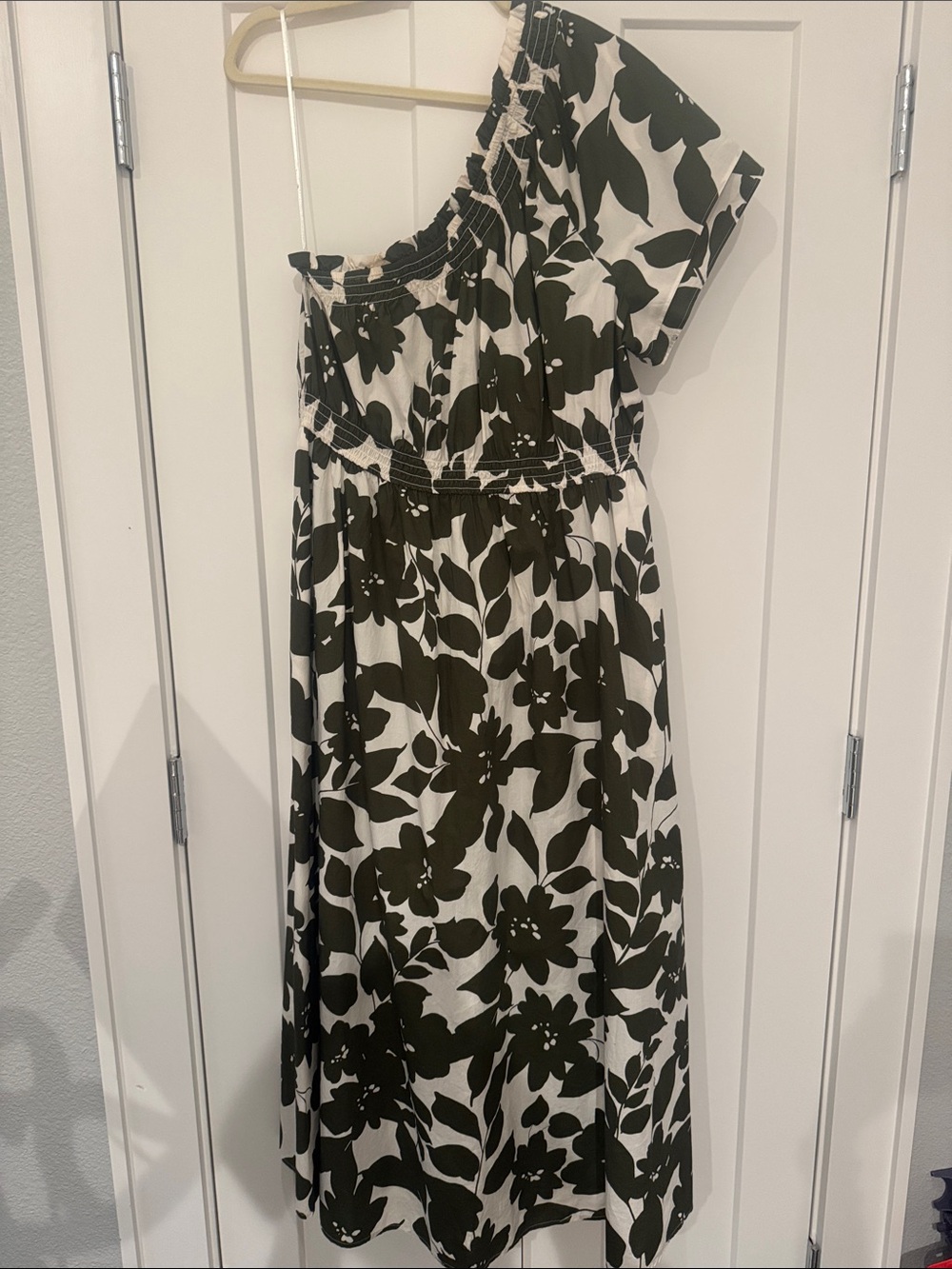 J. Crew One-Shoulder Floral Midi Dress in Black & White